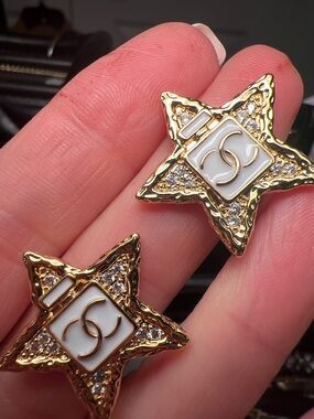 Gold and White Star Logo Clip-On Earrings